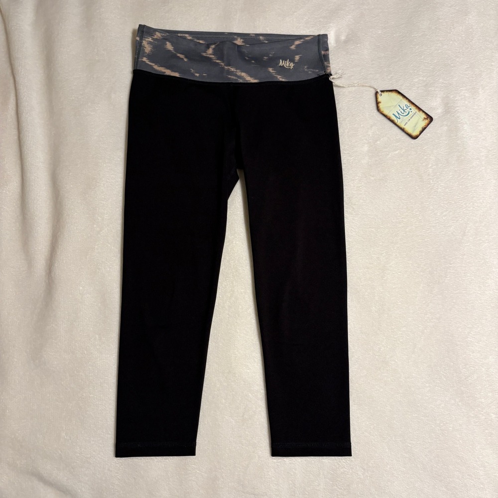 Mika Yoga‎ Wear Black Cropped Leggings Ikat Foldover Waist Capris S/M NWT